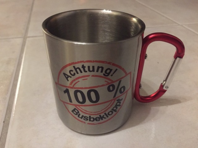 Edelstahltasse mit Karabiner und Fotodruck